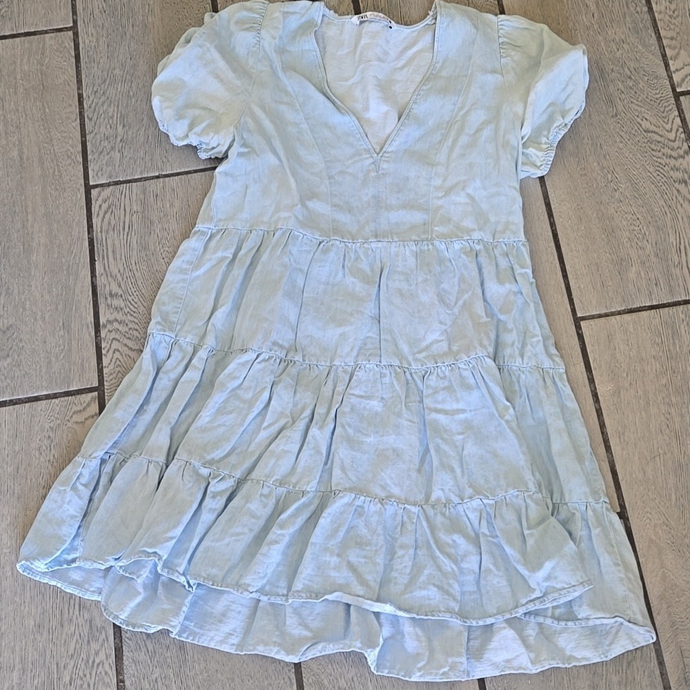 Zara Womens Light Blue Tiered Linen Blend‎ Mini Dress V-Neck Puff Sleeve Small